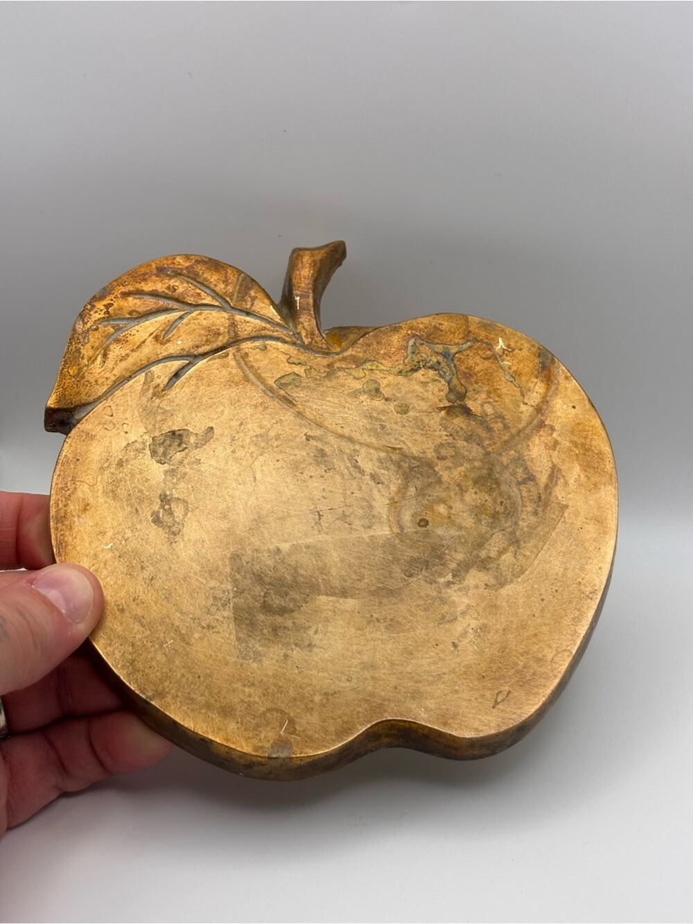 Vintage Brass Apple Trivet with Leaf and Stem, Metal Kitchen Tray